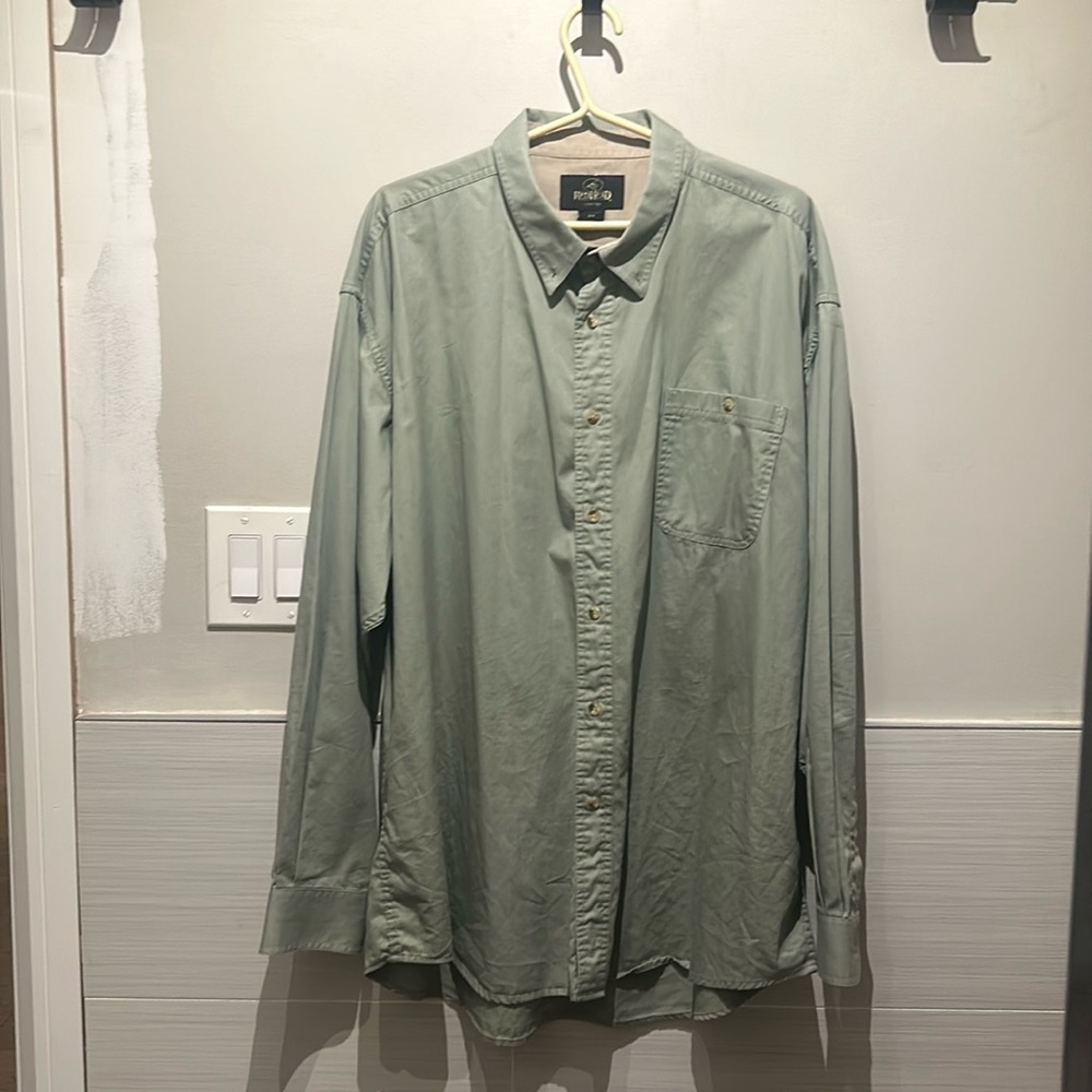 Redhead muted green dresss shirt